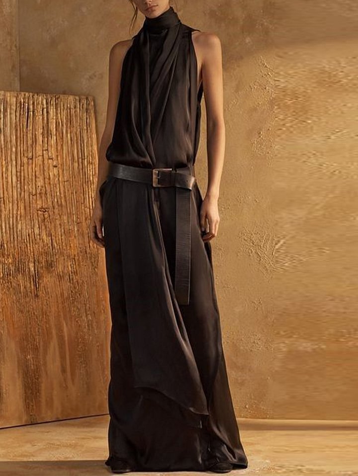 LD | Maxi Tank Dress voor dames - Hoge halslijn - Mouwloos - Tailleband - Vloeiende pasvorm - Ademende mix