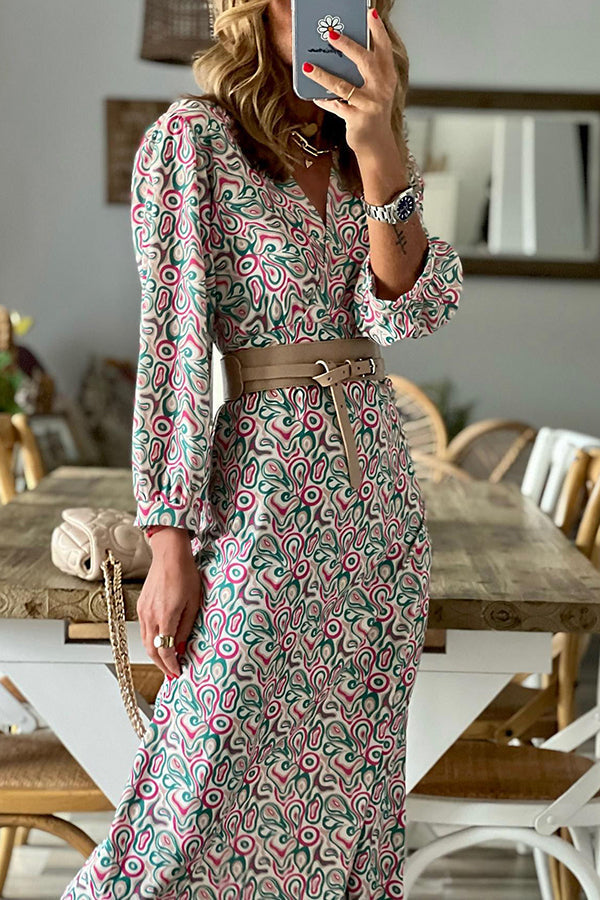 LD | V-hals multi print midi jurk