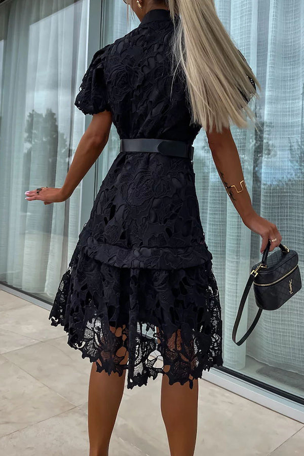 LD | Absoluut Elegant Bloemig Gehaakt Kant Pofmouw Riem Overhemd Midi Dress