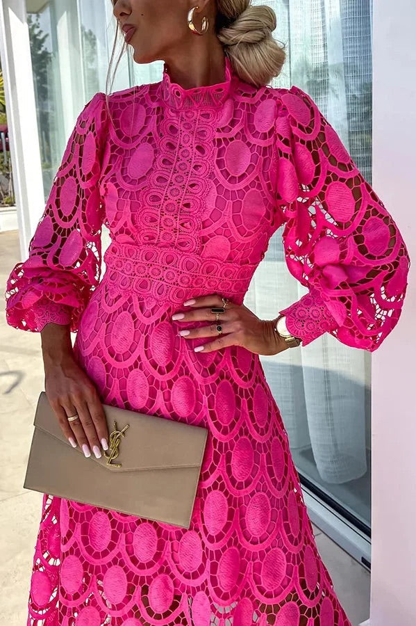 LD sensuele en elegante midi-jurk met gehaakte kanten lantaarnmouwen
