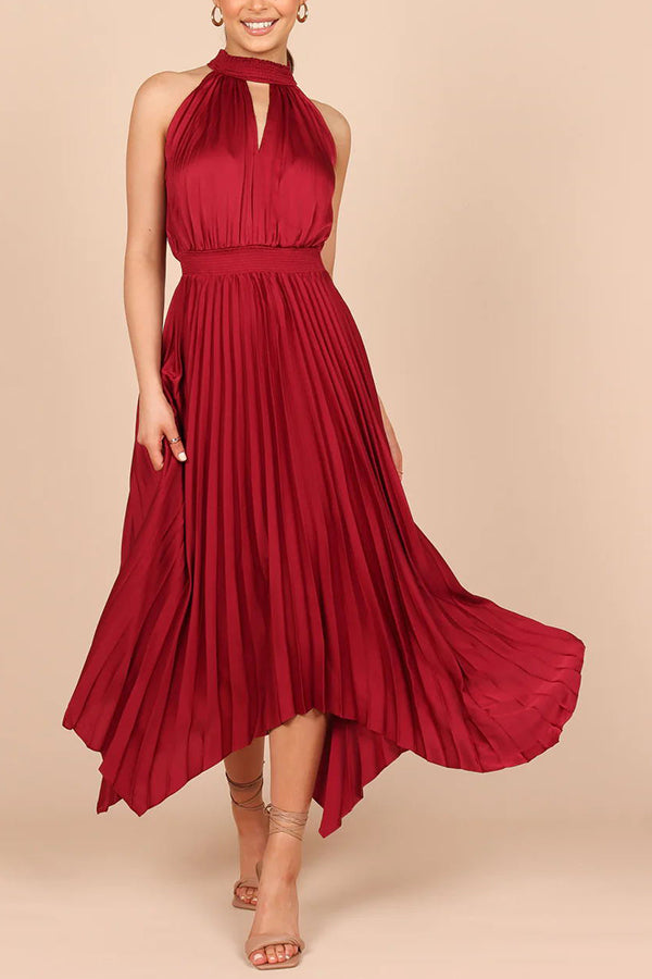 LD | Luxe Look Satijn Geplooide Halter Elastische Taille Midi Dress