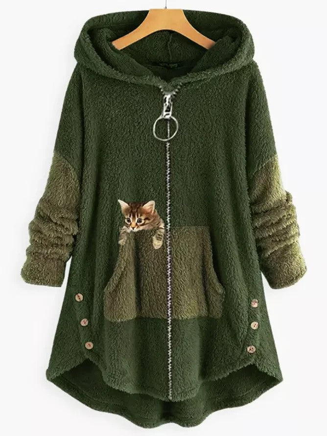 LD | Knus fleecevest met capuchon en schattige kattenprint