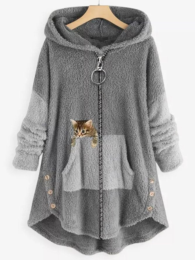 LD | Knus fleecevest met capuchon en schattige kattenprint