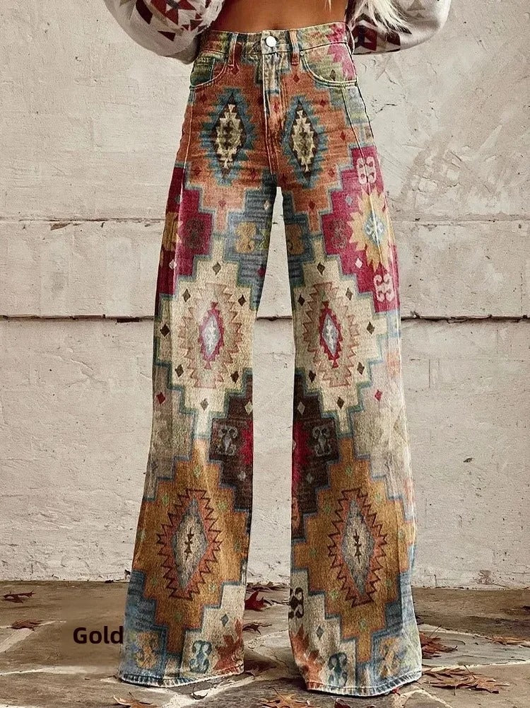 LD | Bedrukte denim jeans met hoge taille en wijde pijpen