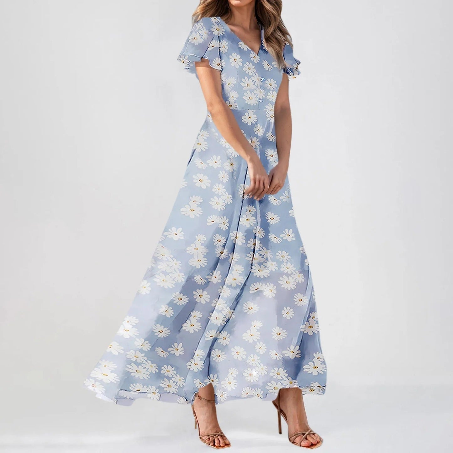 LD | Maxi jurk met mouwen met ruches en bloemenprint