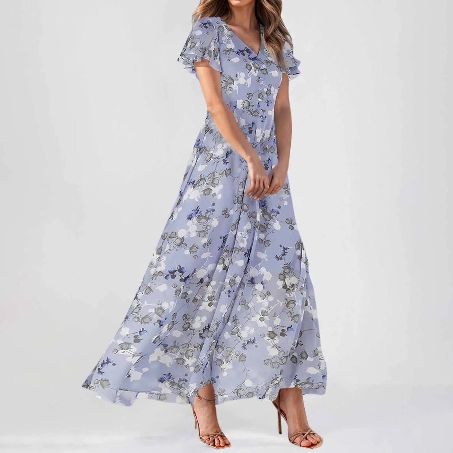 LD | Maxi jurk met mouwen met ruches en bloemenprint