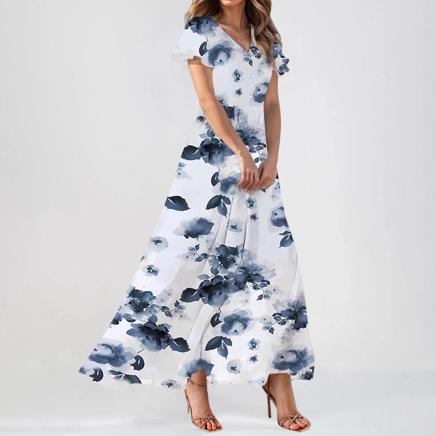 LD | Maxi jurk met mouwen met ruches en bloemenprint