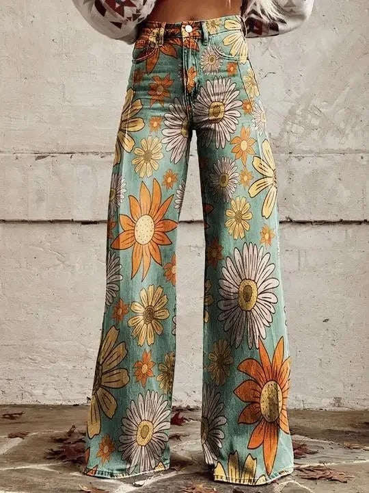 LD | Bedrukte denim jeans met hoge taille en wijde pijpen