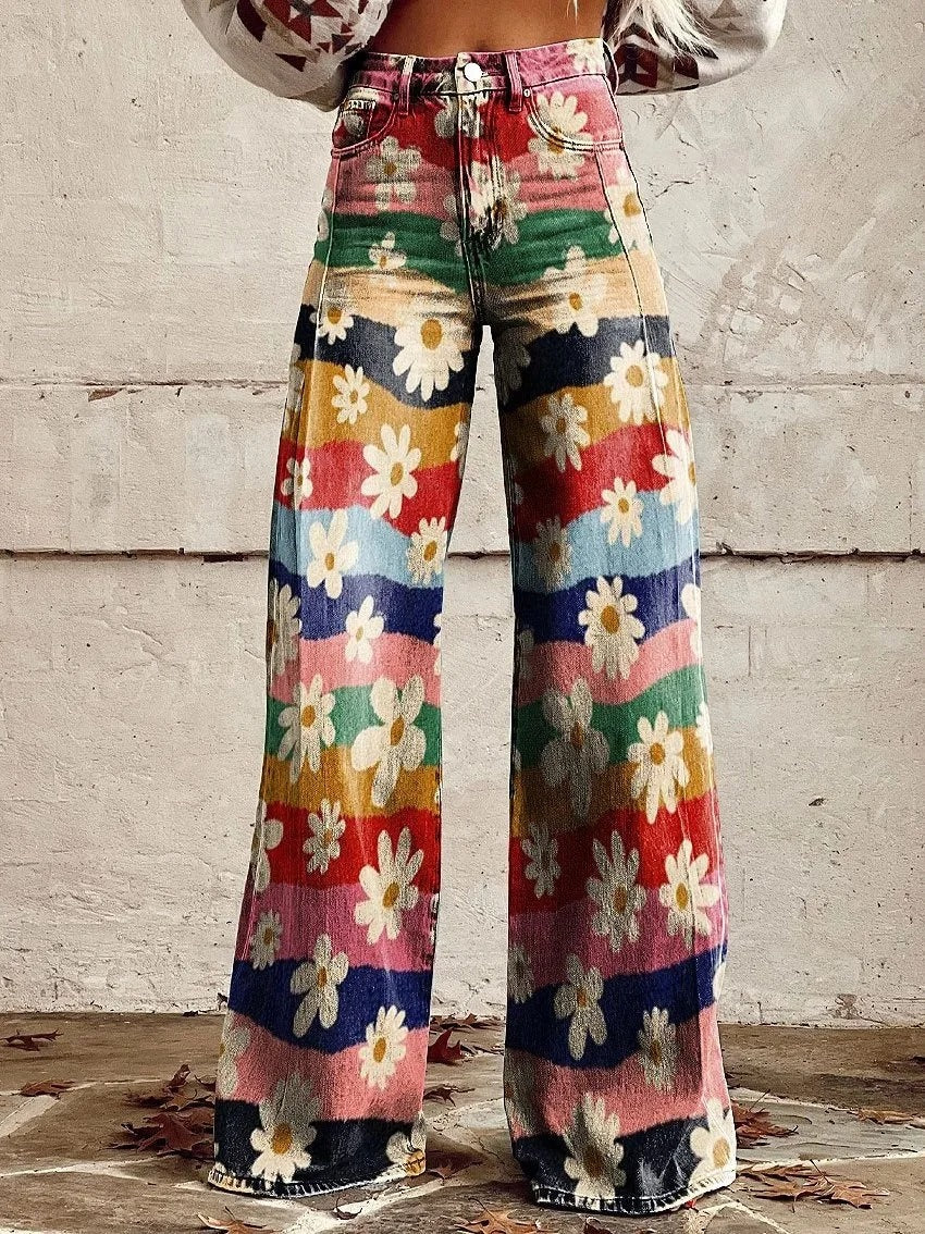 LD | Bedrukte denim jeans met hoge taille en wijde pijpen