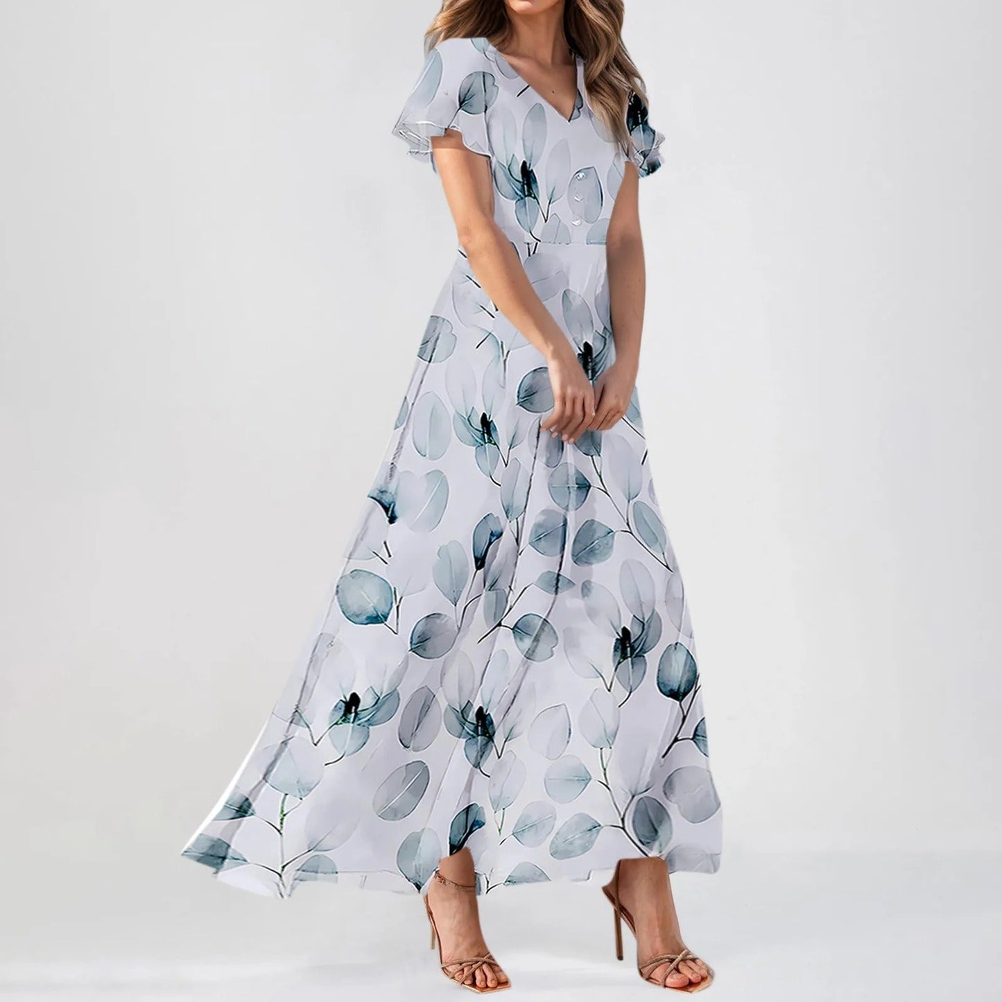 LD | Maxi jurk met mouwen met ruches en bloemenprint
