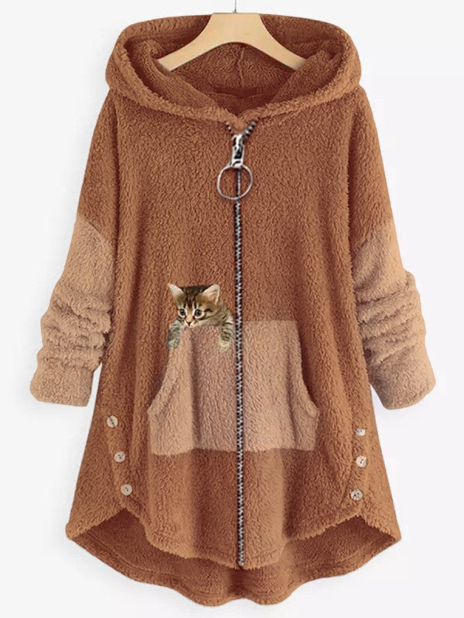 LD | Knus fleecevest met capuchon en schattige kattenprint
