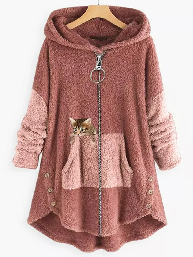 LD | Knus fleecevest met capuchon en schattige kattenprint