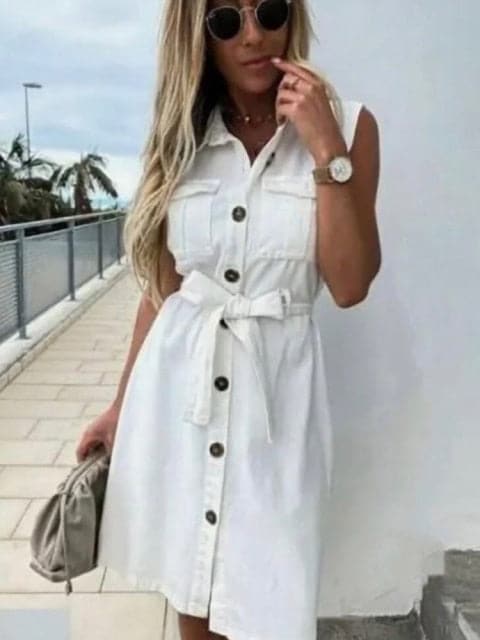 LD | vrouwen vintage front knoop sjerp jas feestjurk mouwloze turn down kraag casual mini jurk zomer mode nieuwe jurk