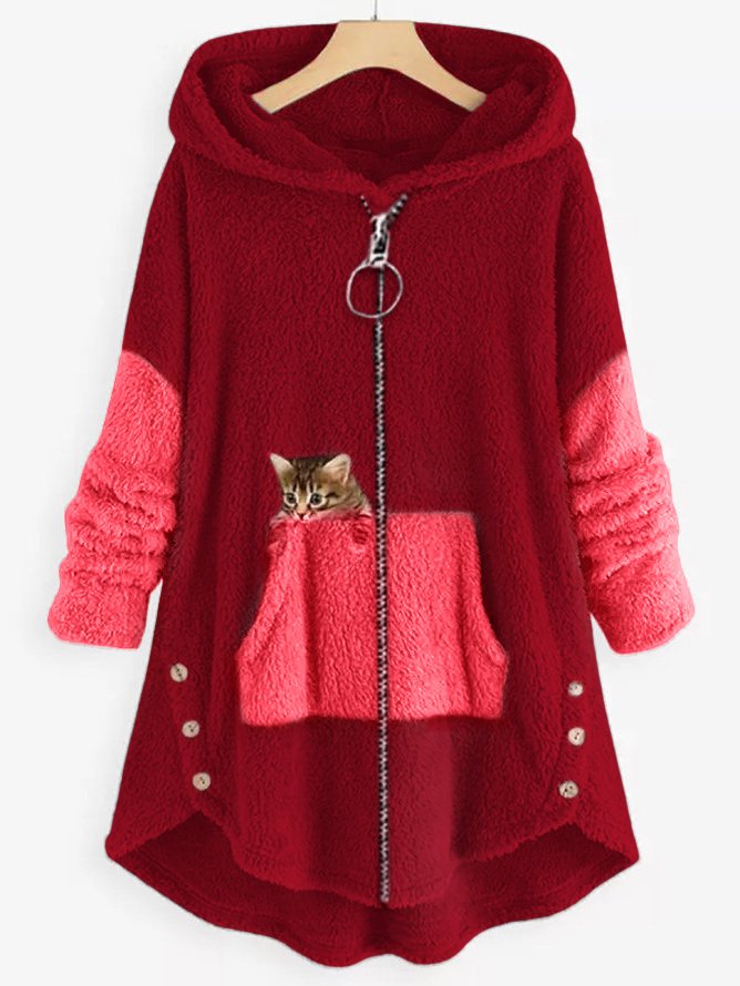 LD | Knus fleecevest met capuchon en schattige kattenprint