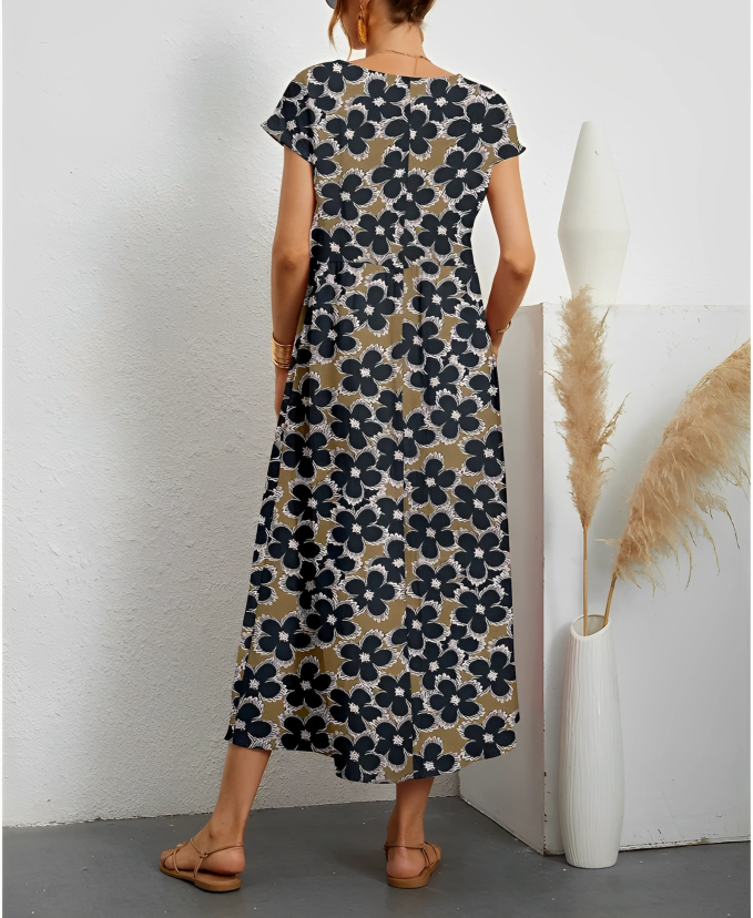 LD | Moderne midi-jurk met bloemenprint en korte mouwen