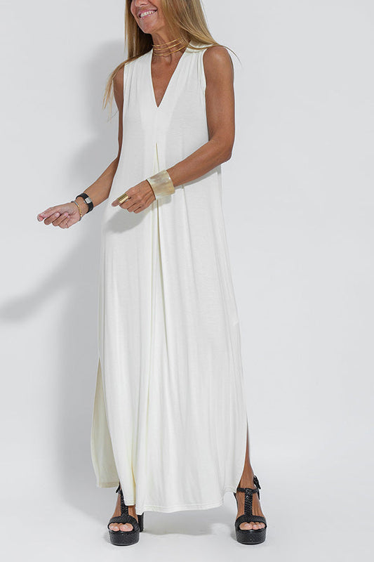 LD | Elegant is forever gebreide effen kleur mouwloze maxi jurk met split