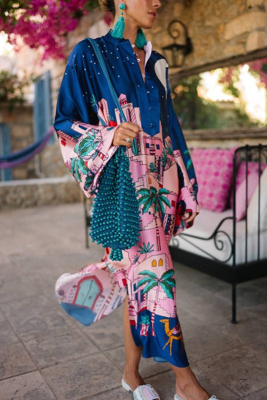 LD Seaside Stroll Satijn Unieke Print Button Up Lange Mouw Split Kaftan Midi Dress