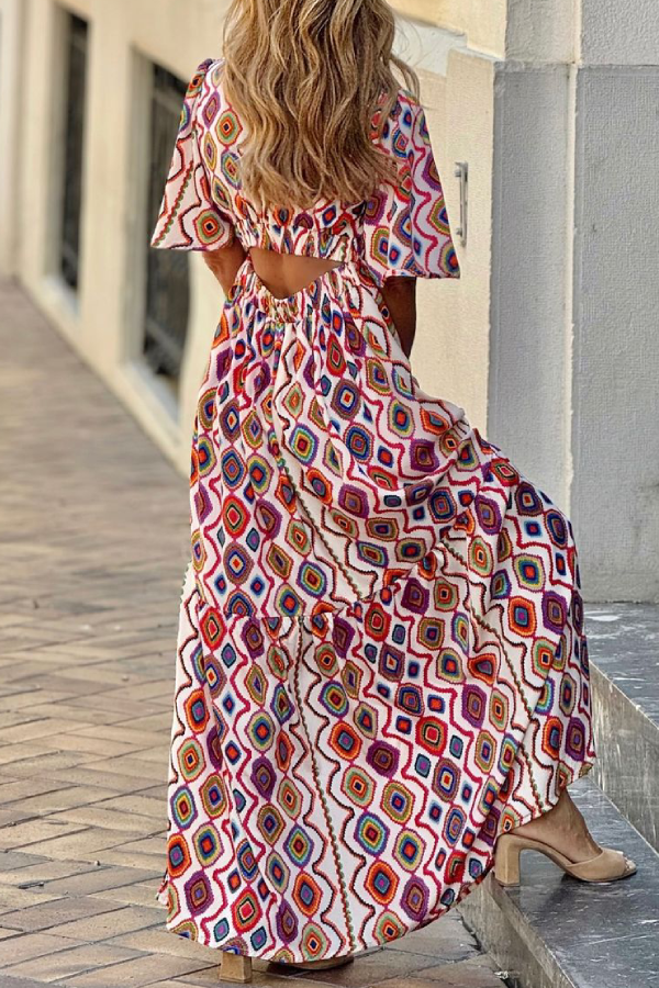 LD Vintage geruite midi-jurk met V-hals en korte mouwen