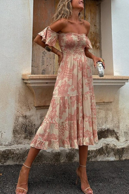 LD Pitaya Unieke print Off Shoulder Smocked Ruffle Mouwen Gelaagde Midi Dress