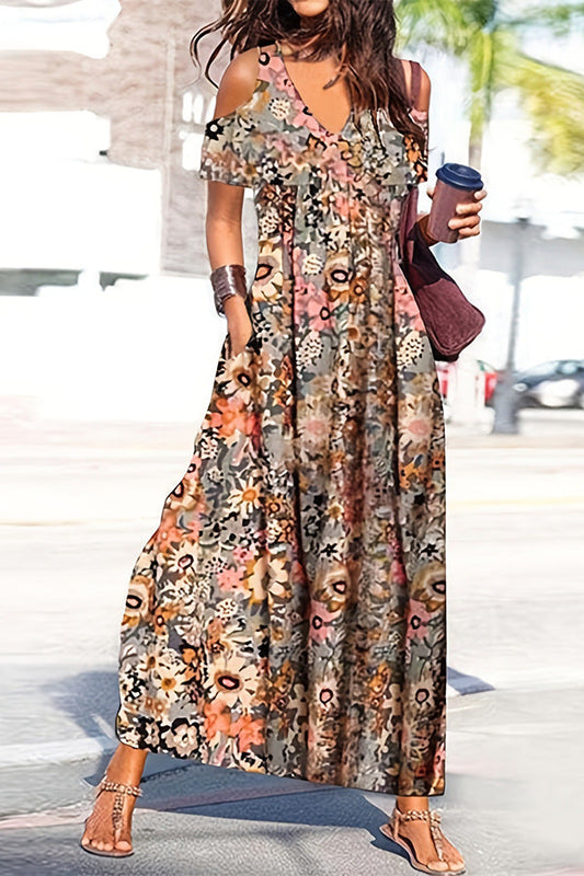 LD | Ayden Plant Print Koud Schouder Uitlopende Maxi Dress met Zakken