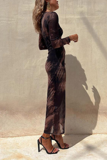 LD | Charm Lady Mesh Overlay Tie Dye Print Lange Mouwen Gerimpelde Stretch Midi Dress