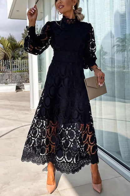 LD sensuele en elegante midi-jurk met gehaakte kanten lantaarnmouwen