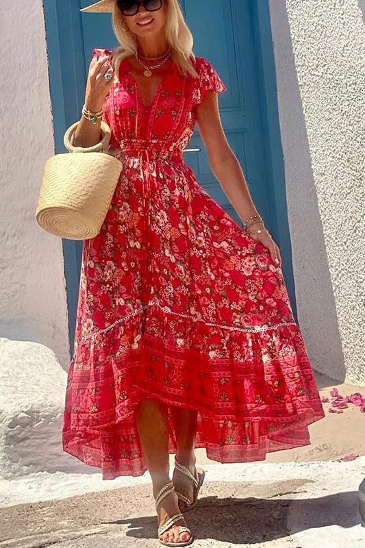 LD Zomer in Griekenland Boho Print Ruffle mouwen Elastische taille Hoog-laag Midi Dress