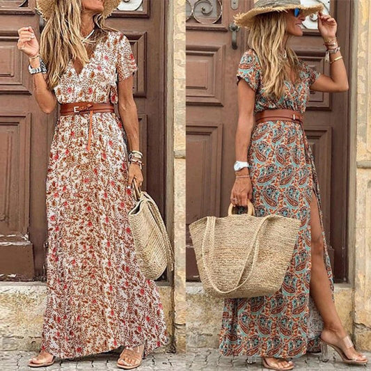 LD Dames V-hals korte mouw bohemian maxi jurk met paisleyprint in 2 kleuren S-3XL