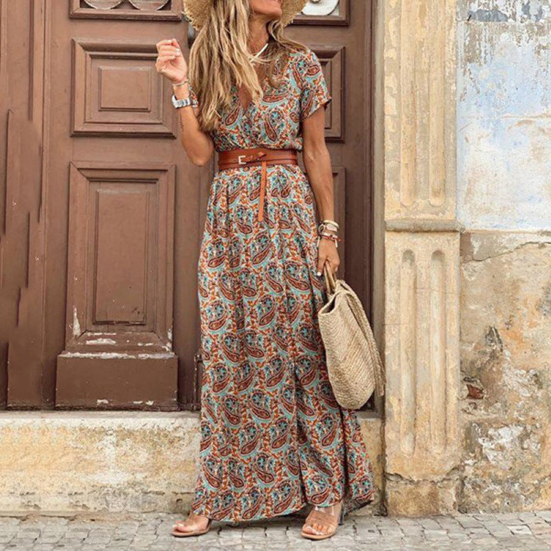LD Dames V-hals korte mouw bohemian maxi jurk met paisleyprint in 2 kleuren S-3XL