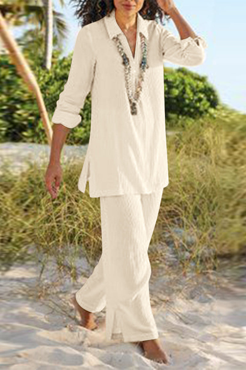 LD Casual effen V-hals lange mouwen tweedelig (4 kleuren)