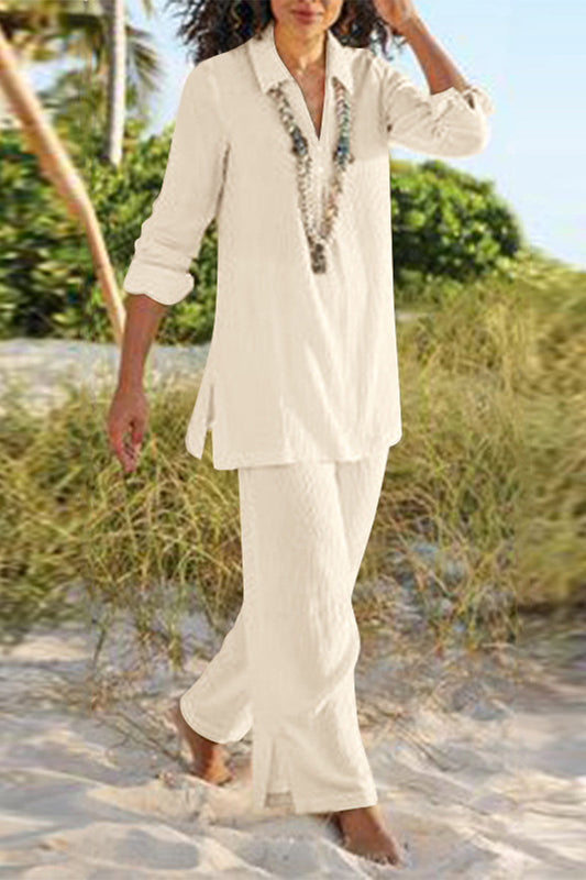 LD Casual effen V-hals lange mouwen tweedelig (4 kleuren)
