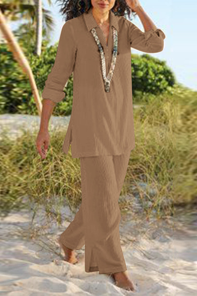 LD Casual effen V-hals lange mouwen tweedelig (4 kleuren)
