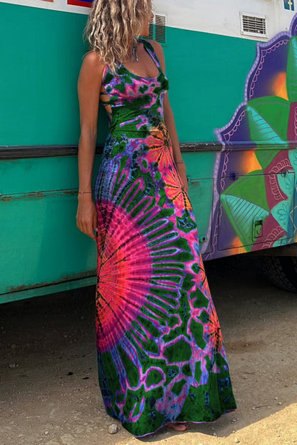 LD | La Bamba tie-dye print achter vetersluiting stretch maxi jurk