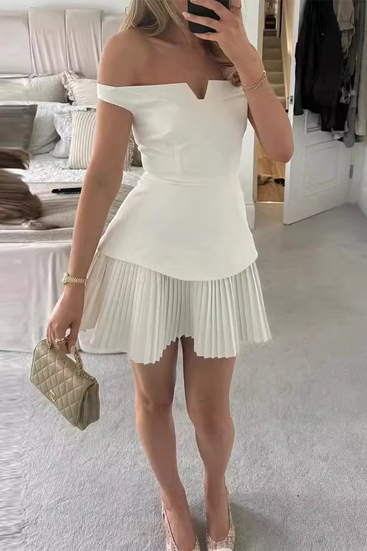 LD | Sexy Celebrities effen kleur patchwork geplooid off shoulder mini jurkjes