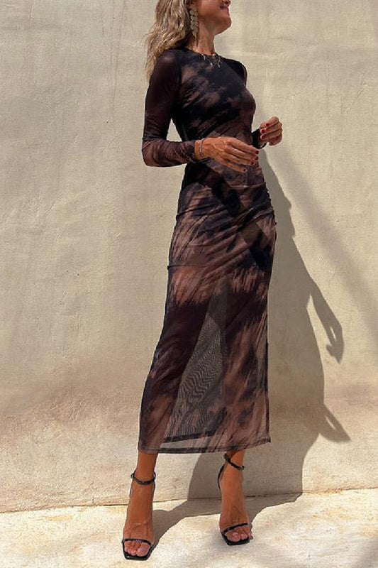 LD | Charm Lady Mesh Overlay Tie Dye Print Lange Mouwen Gerimpelde Stretch Midi Dress