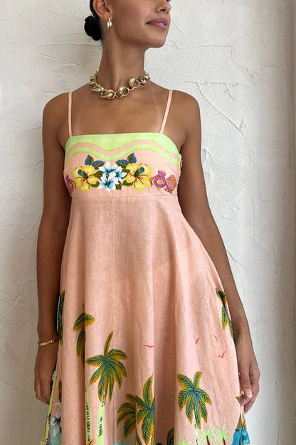 LD | Coconut Scenery Linnenmix Tropische Print Midi Dress met gesmokte rug