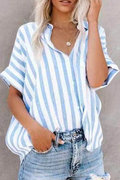 LD | Angela - Casual gestreepte patchwork top met omgeslagen kraag