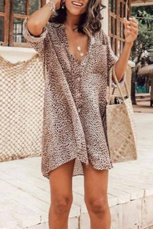 LD | Florcoo luipaardprint overhemd mini jurk met lange mouwen