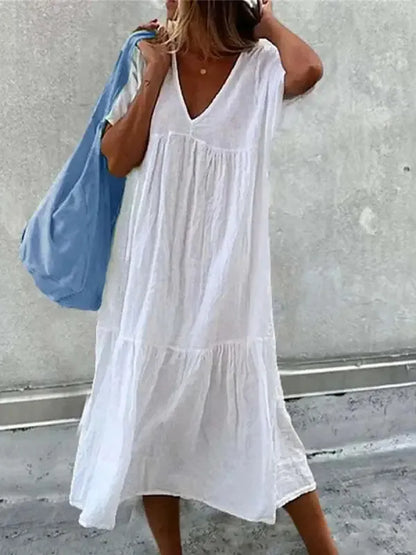 LD | Boho strandjurk voor vrouwen Zomerjurk met V-hals en korte mouwen met bloemenpatroon