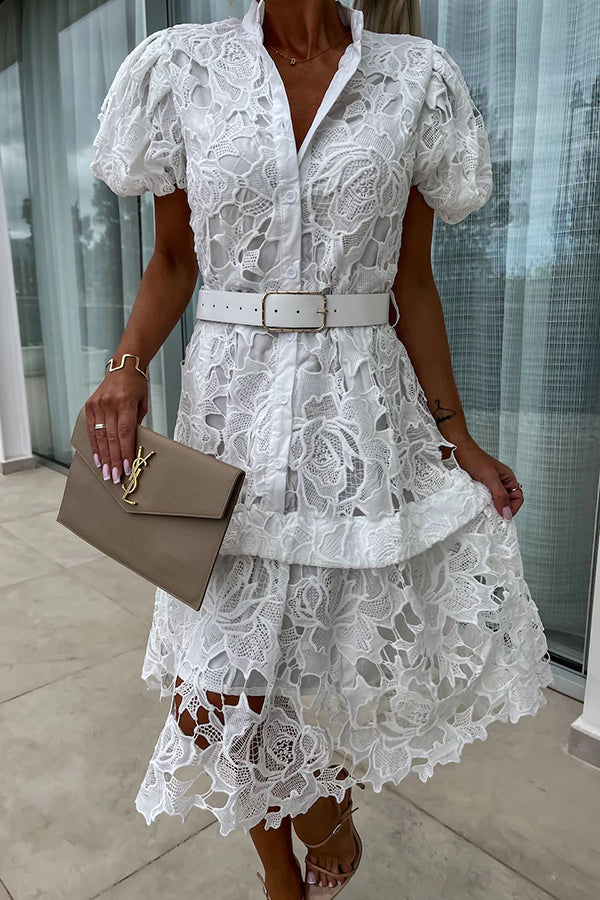 LD | Absoluut Elegant Bloemig Gehaakt Kant Pofmouw Riem Overhemd Midi Dress