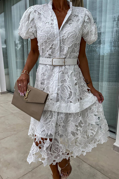 LD | Absoluut Elegant Bloemig Gehaakt Kant Pofmouw Riem Overhemd Midi Dress