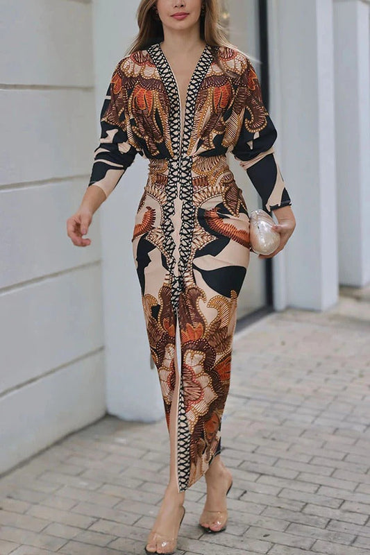 LD Verra Unieke print Dolman Lange Mouwen Met Ruches Split Midi Dress