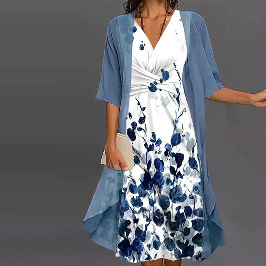 LD | Midi-jurk met jasje in blauw en wit voor de zomer