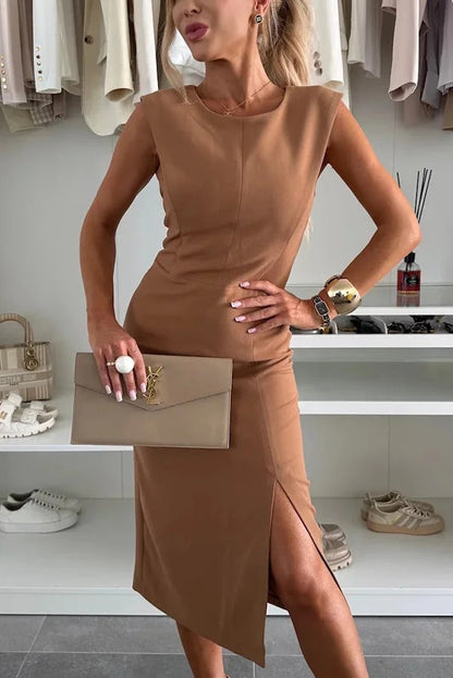 LD | Effen kleur Ronde hals Mouwloos Slim-fit midi-jurk met split