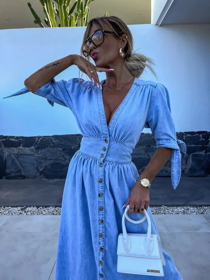 LD | stijlvolle casual maxi jurk met knopen in blauw