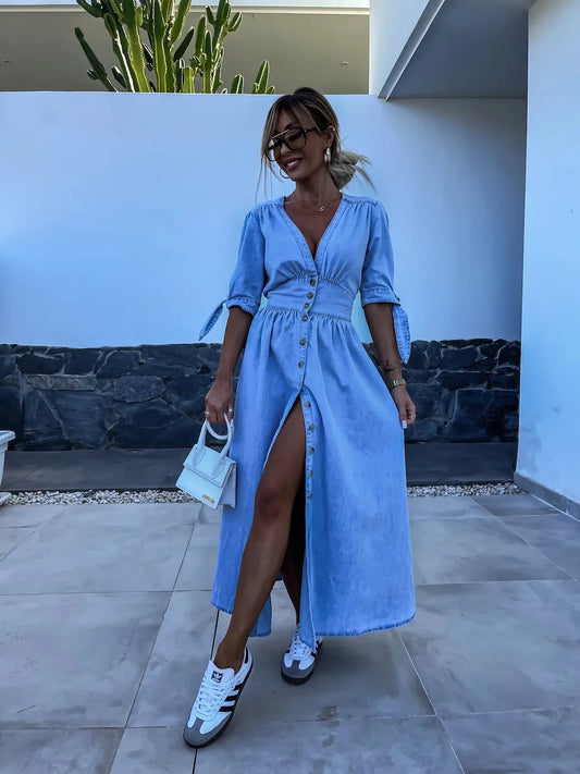 LD | stijlvolle casual maxi jurk met knopen in blauw