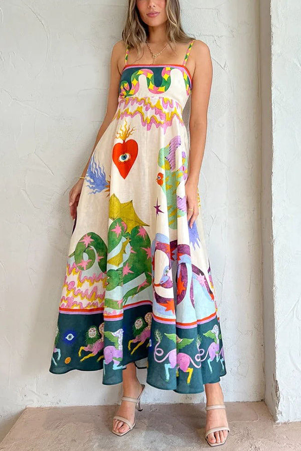 LD | Feel Moeiteloos Linnenmix Unieke Print Midi Dress met Gesmokte Rug