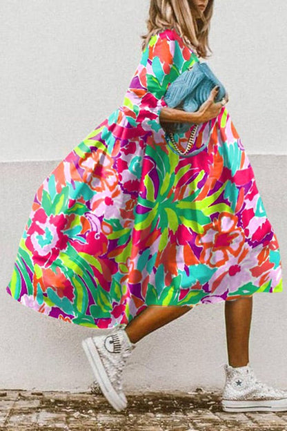 LD | Vintage bloemenprint hoge lage zoom A-lijn midi jurk