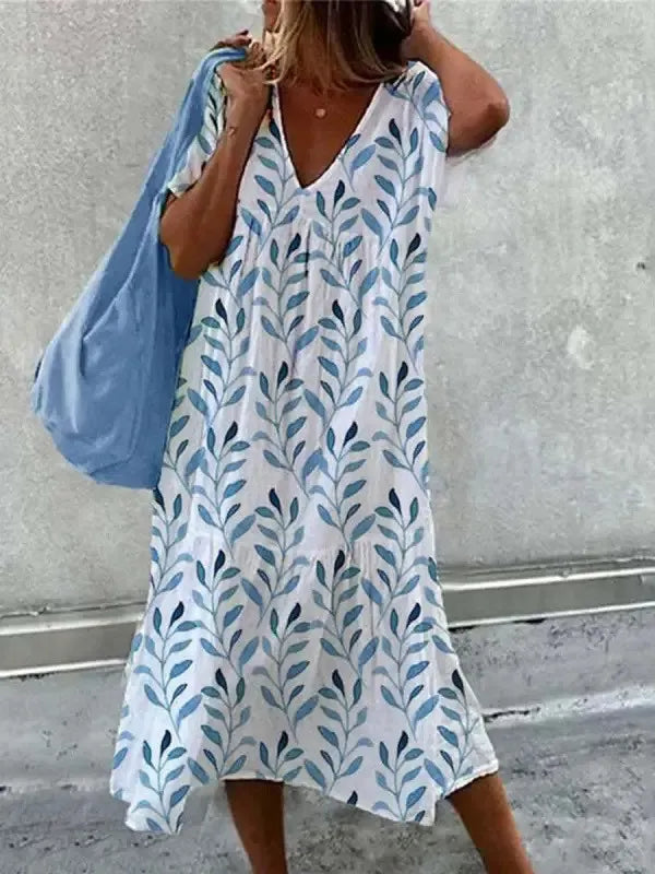 LD | Boho strandjurk voor vrouwen Zomerjurk met V-hals en korte mouwen met bloemenpatroon