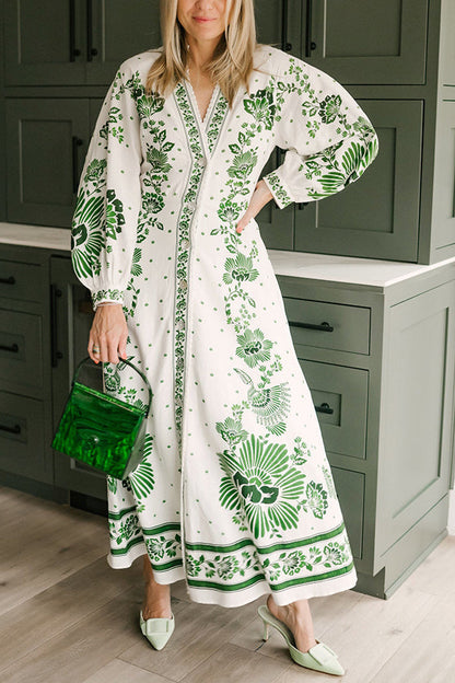 LD | Unieke Print Button Down Lange Mouw Shirt Maxi Dress